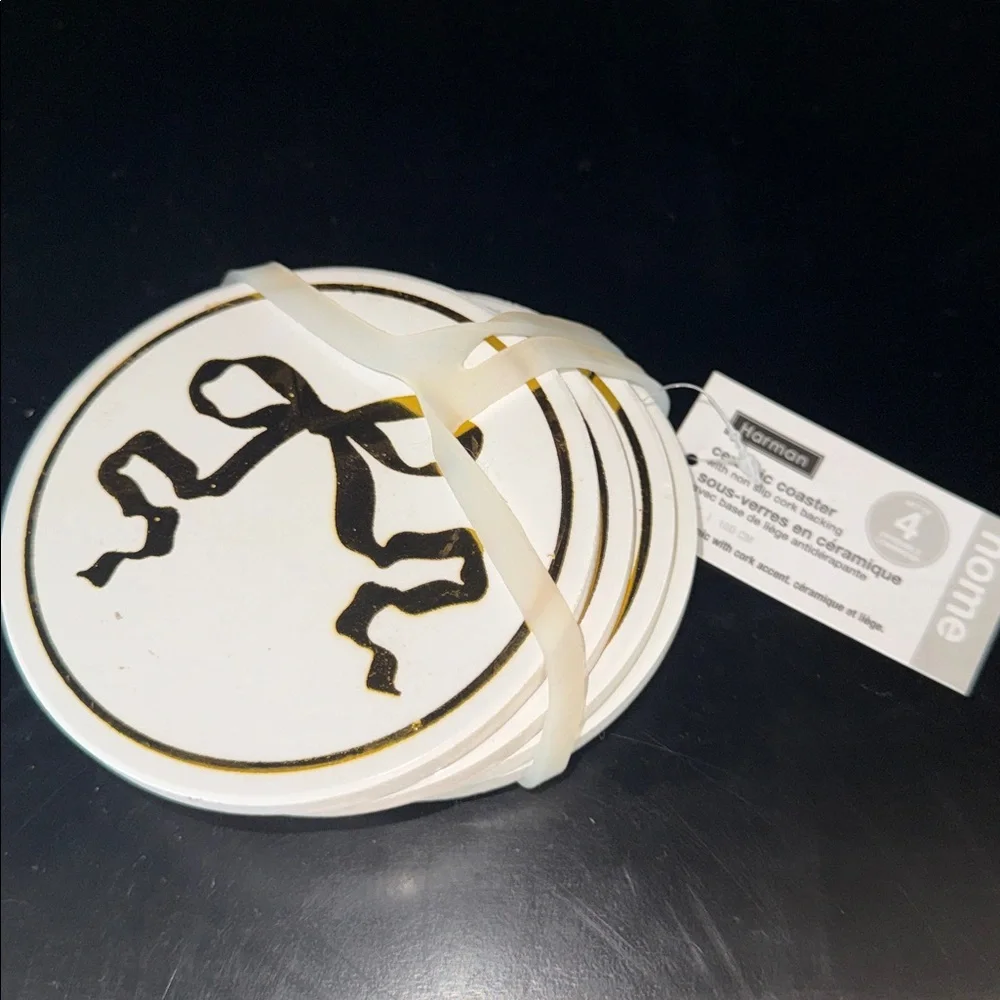 Harman Ceramic White with Bow Accent Coasters Set of Four!